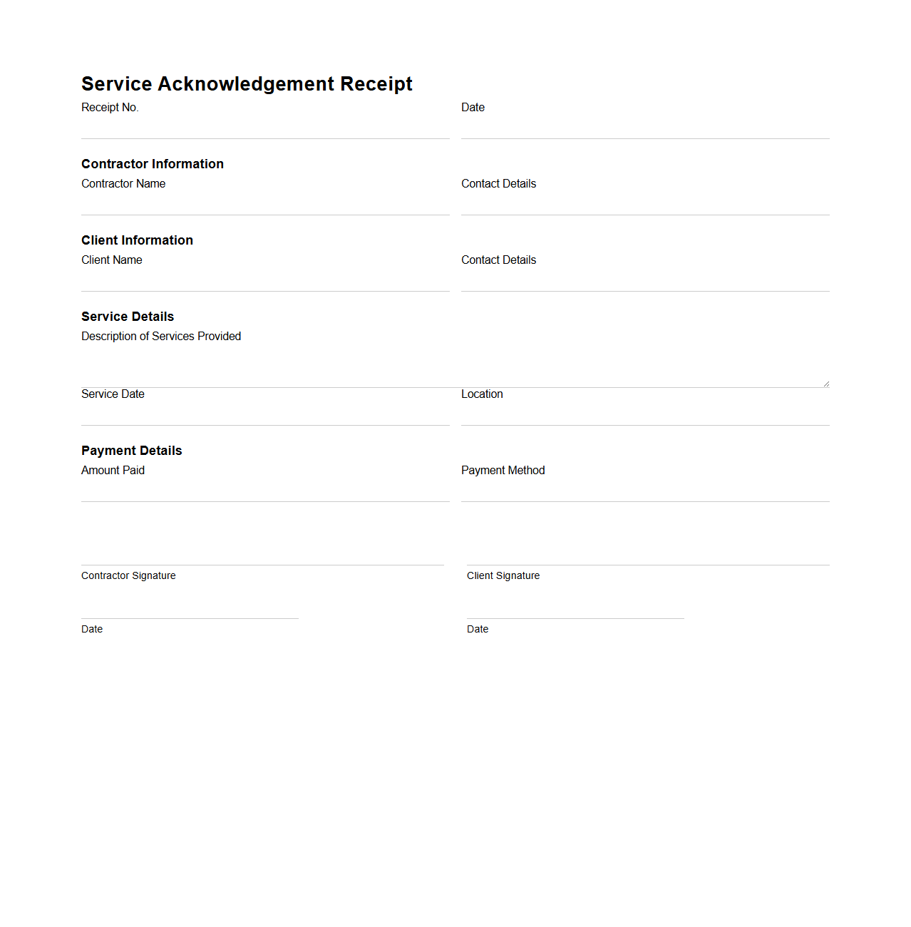 Service Acknowledgement Receipt Template for Contractors