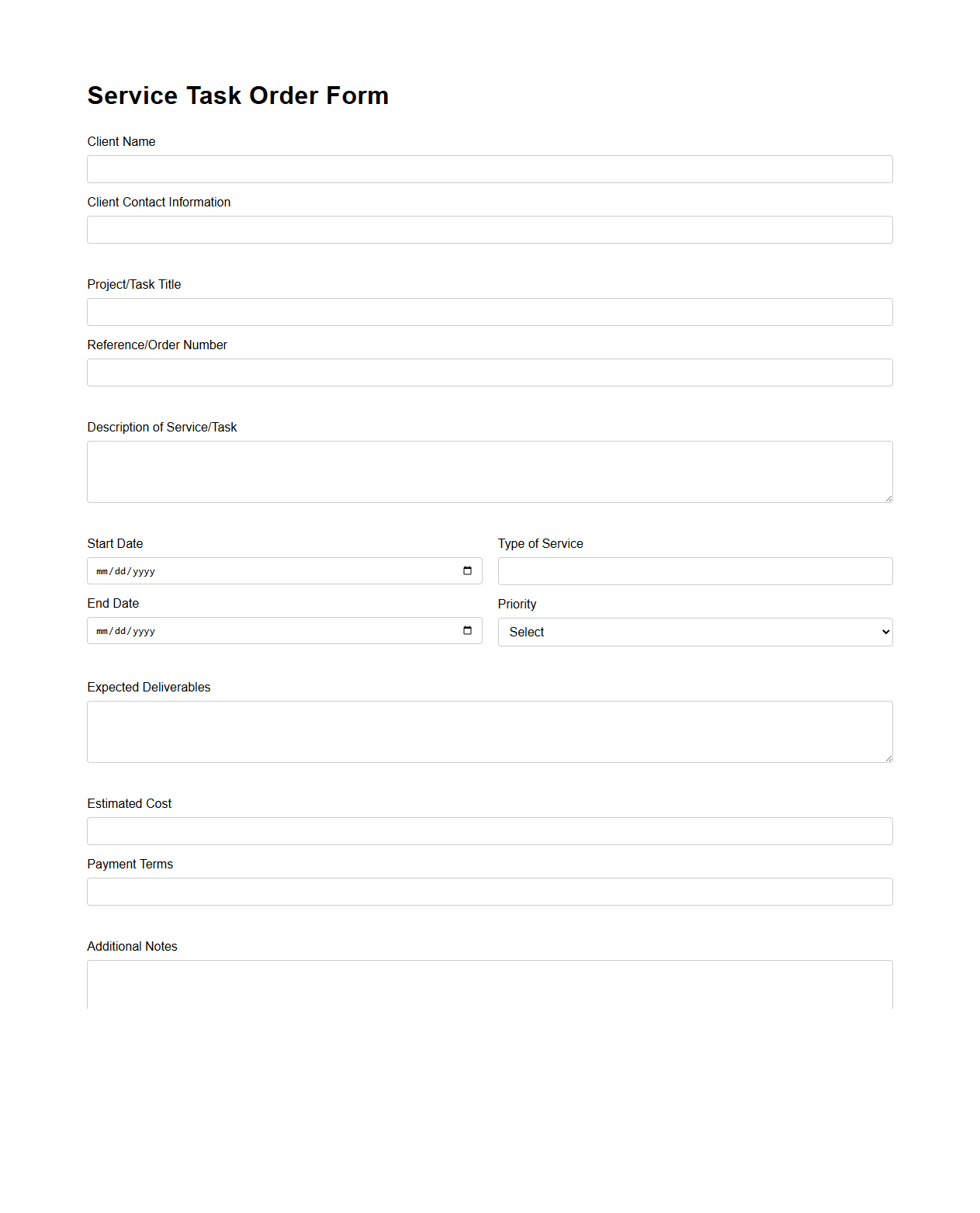Service Task Order Form for Clients