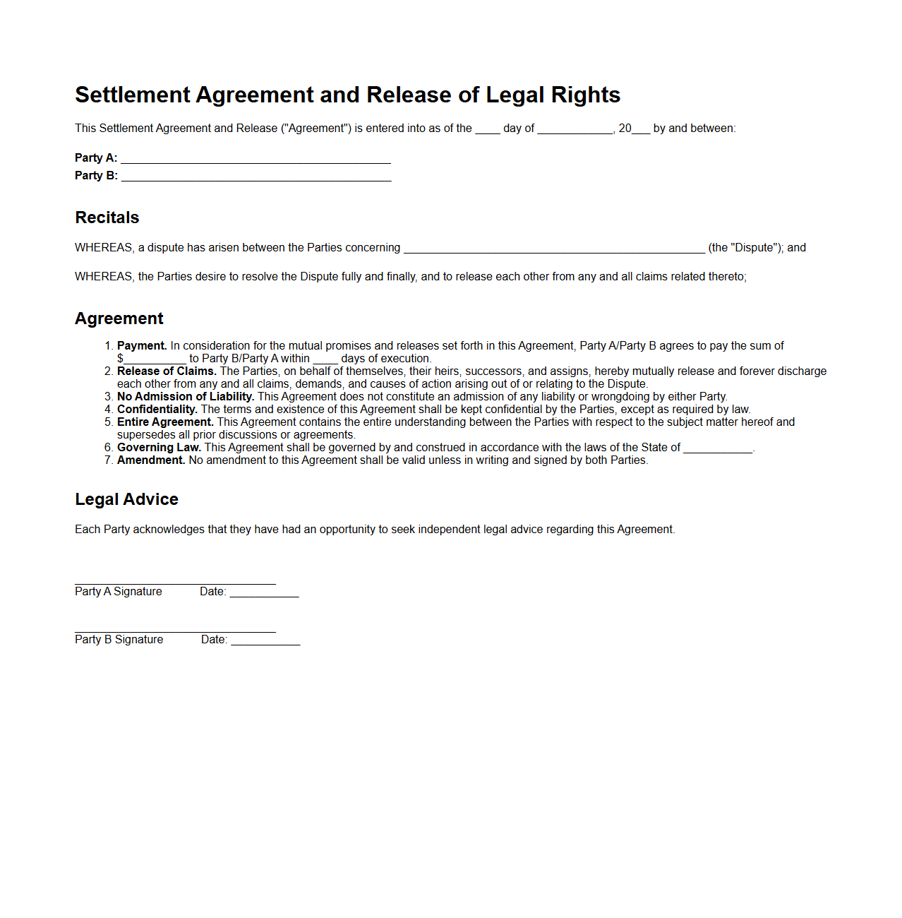 Settlement Agreement Legal Rights Release Template