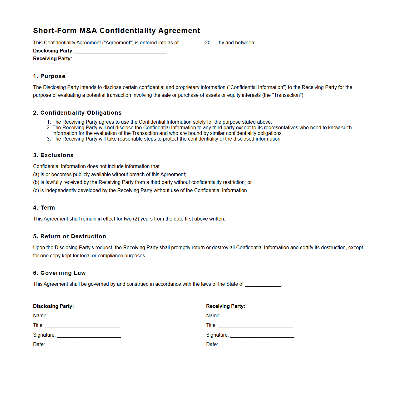 Short-Form M&A Confidentiality Agreement