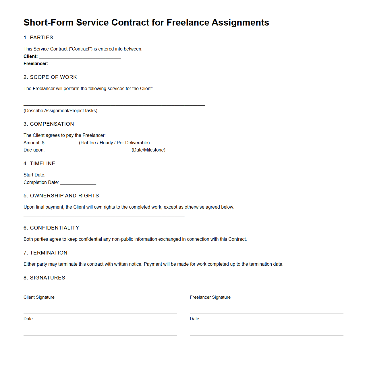 Short-Form Service Contract for Freelance Assignments