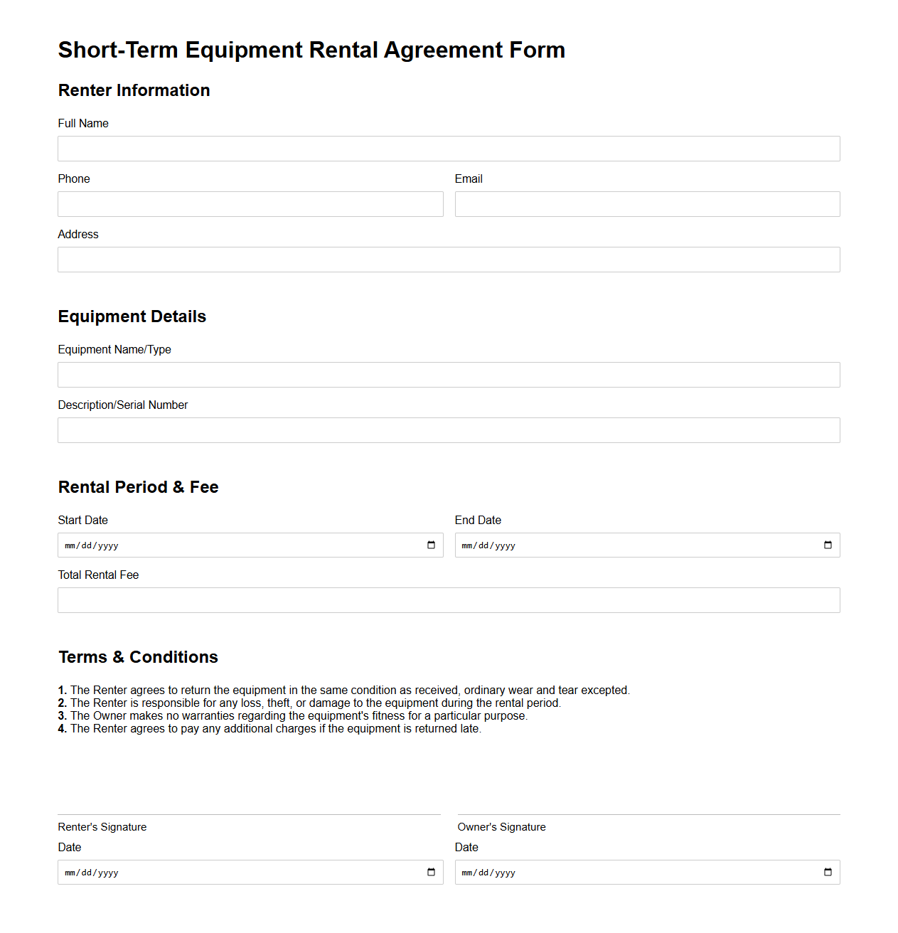 Short-Term Equipment Rental Agreement Form