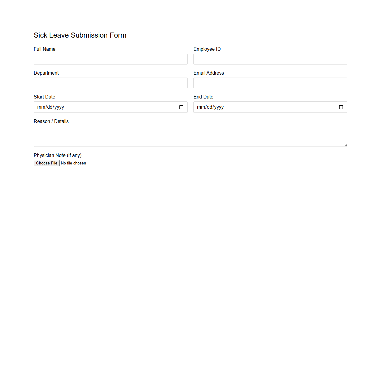 Sick Leave Submission Form for Employees