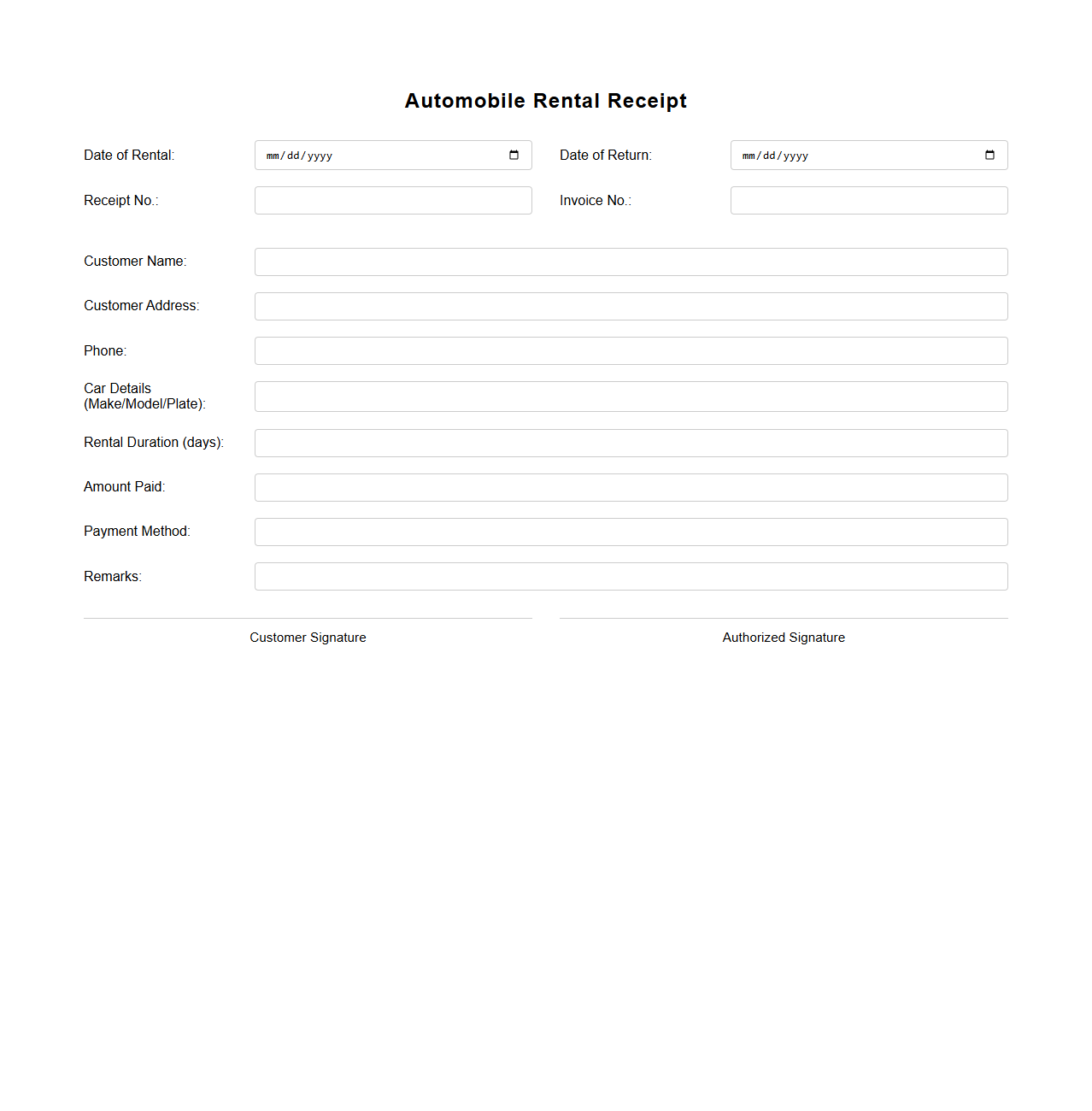 Simple Blank Automobile Rental Receipt Form