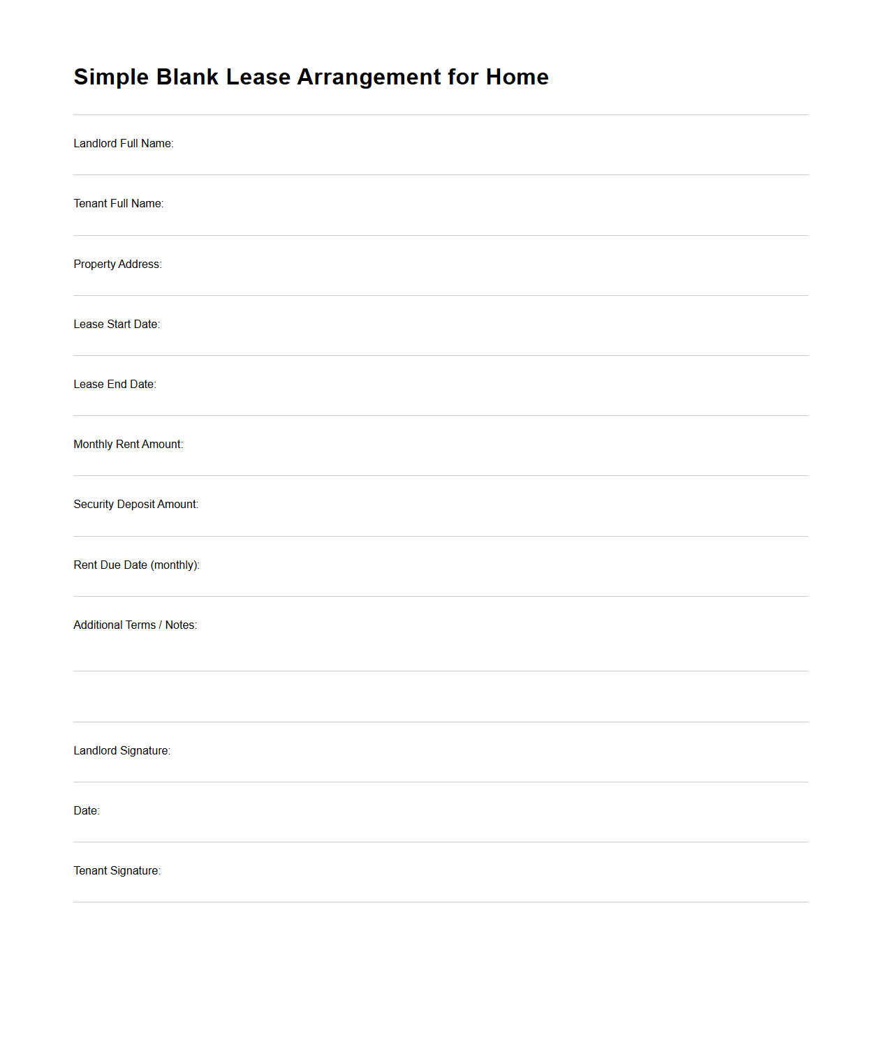 Simple Blank Lease Arrangement for Home