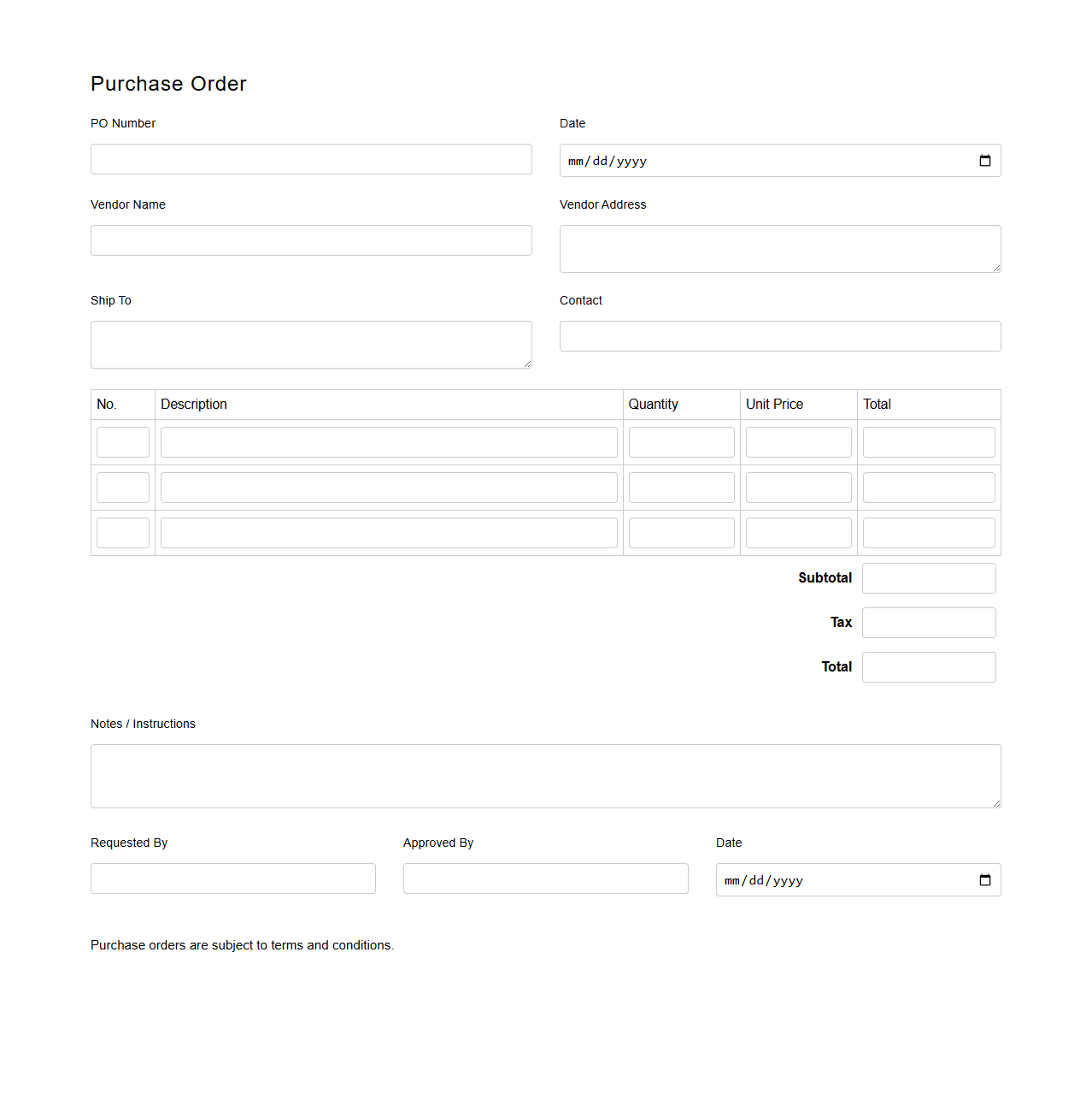 Simple Blank Purchase Order Form