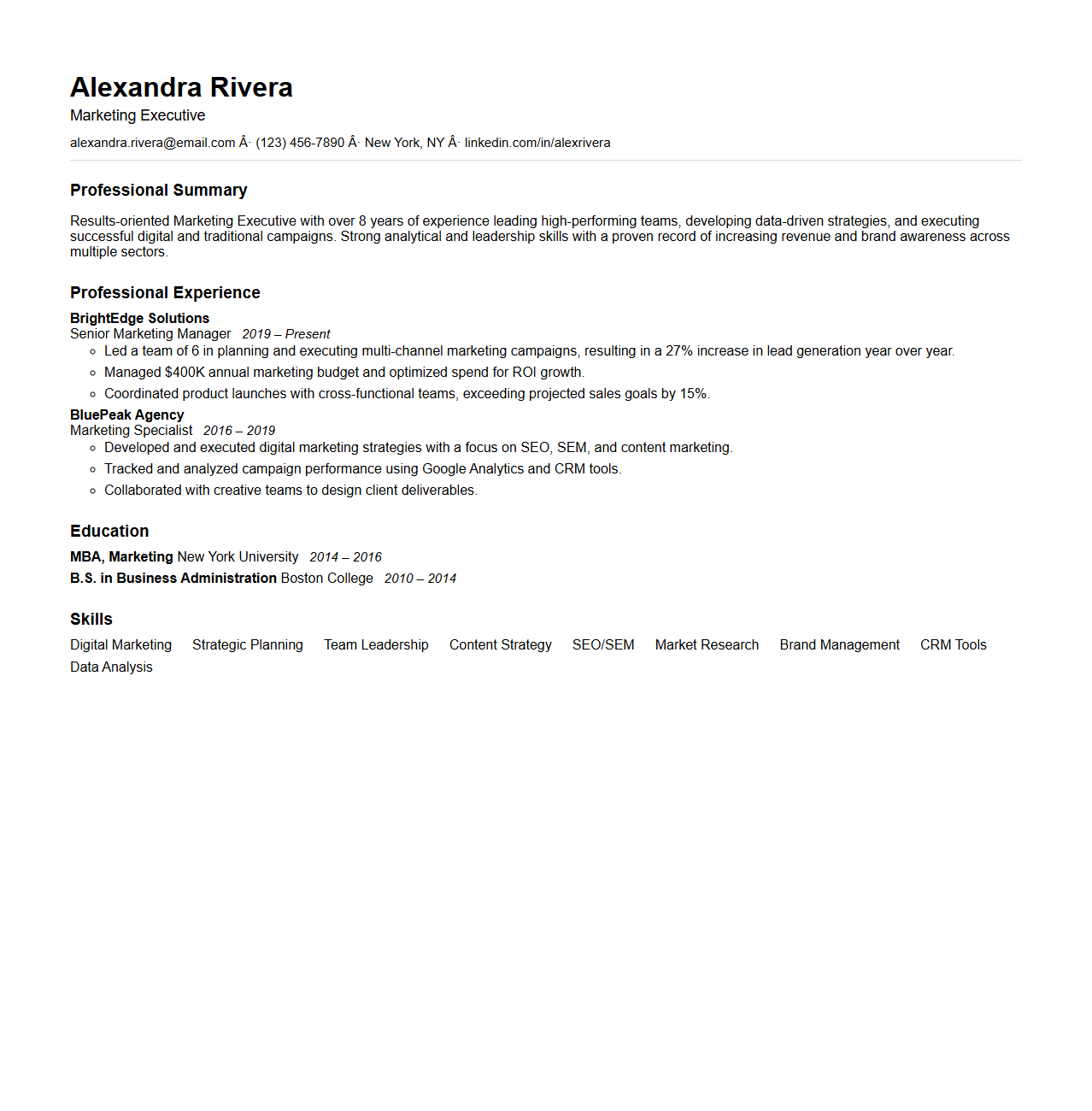 Simple Business Resume for Marketing Executives