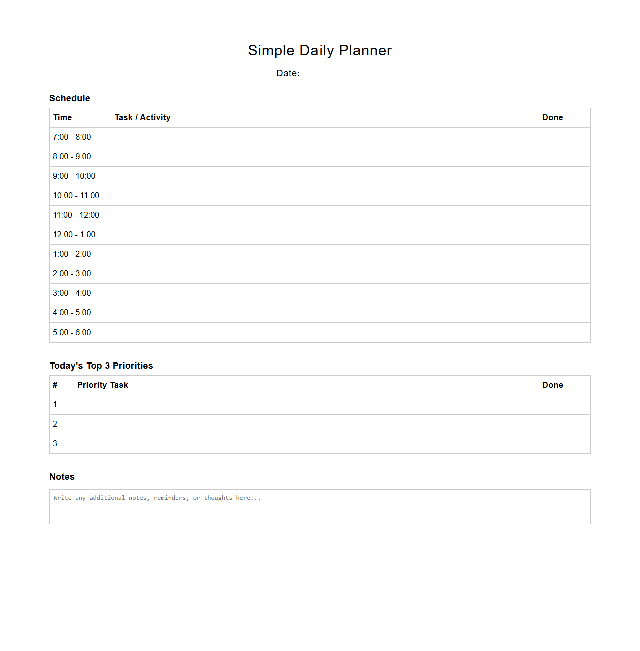 Simple Daily Planner Template for Time Management
