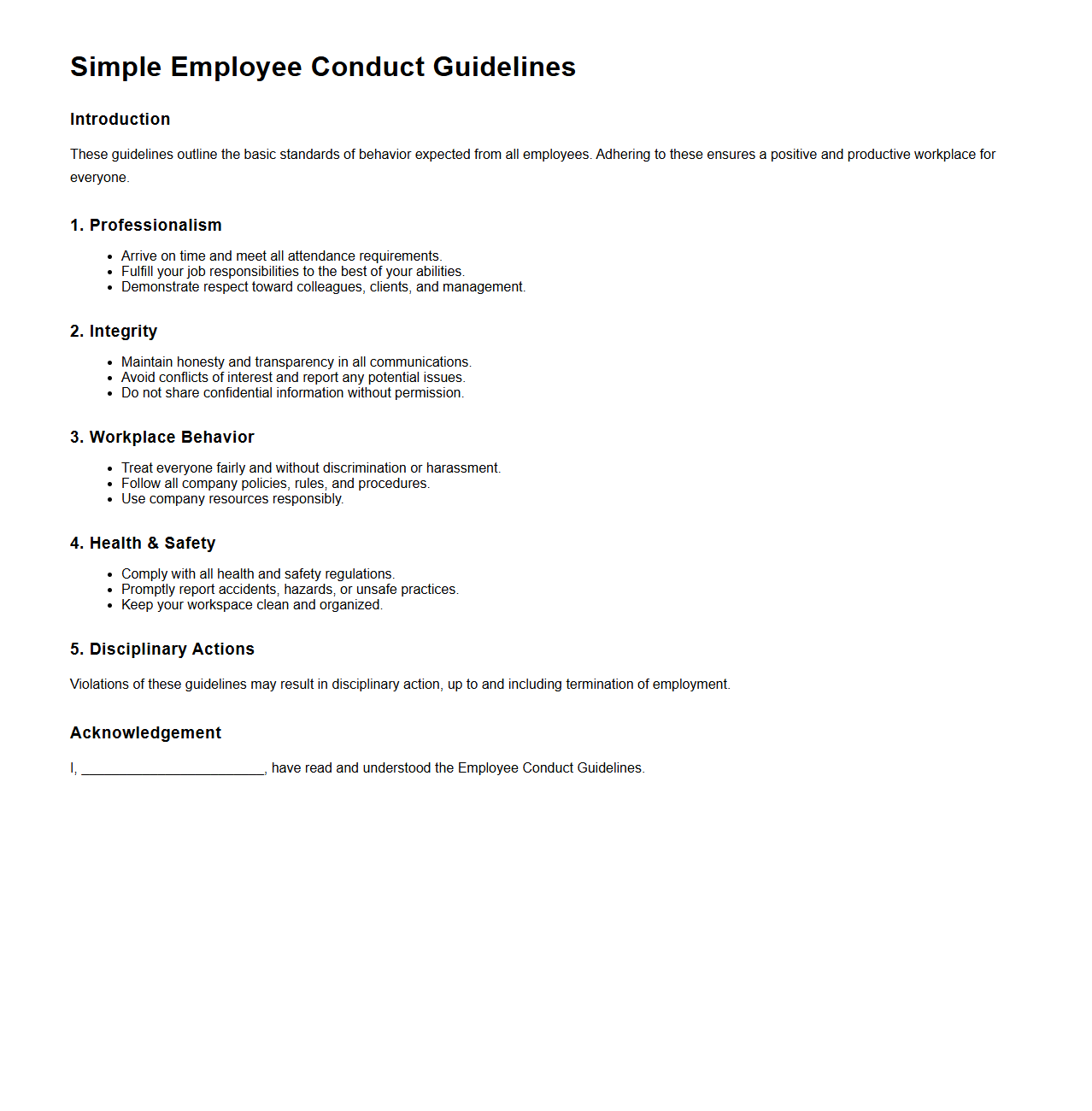 Simple Employee Conduct Guidelines Template
