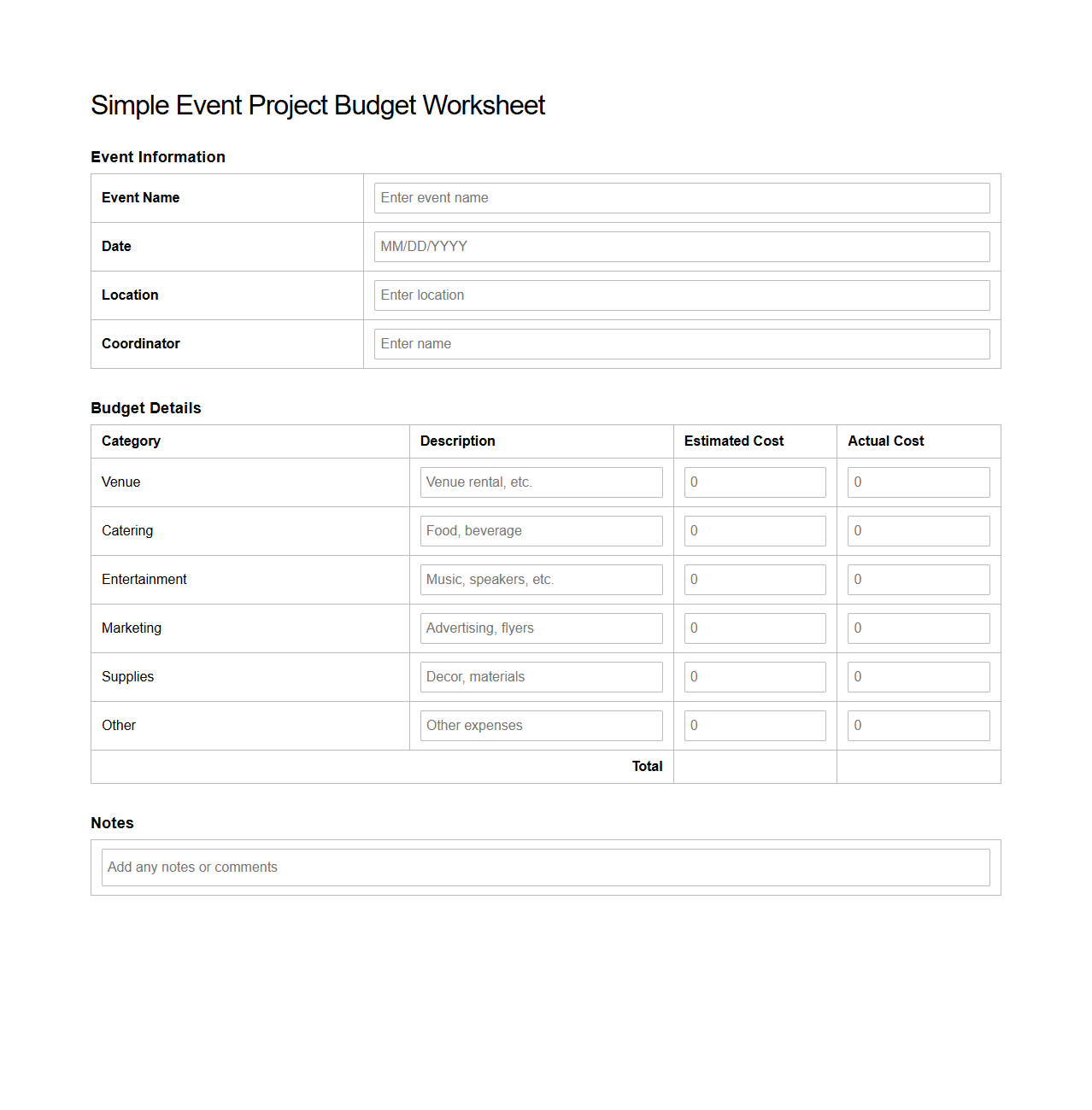 Simple Event Project Budget Worksheet