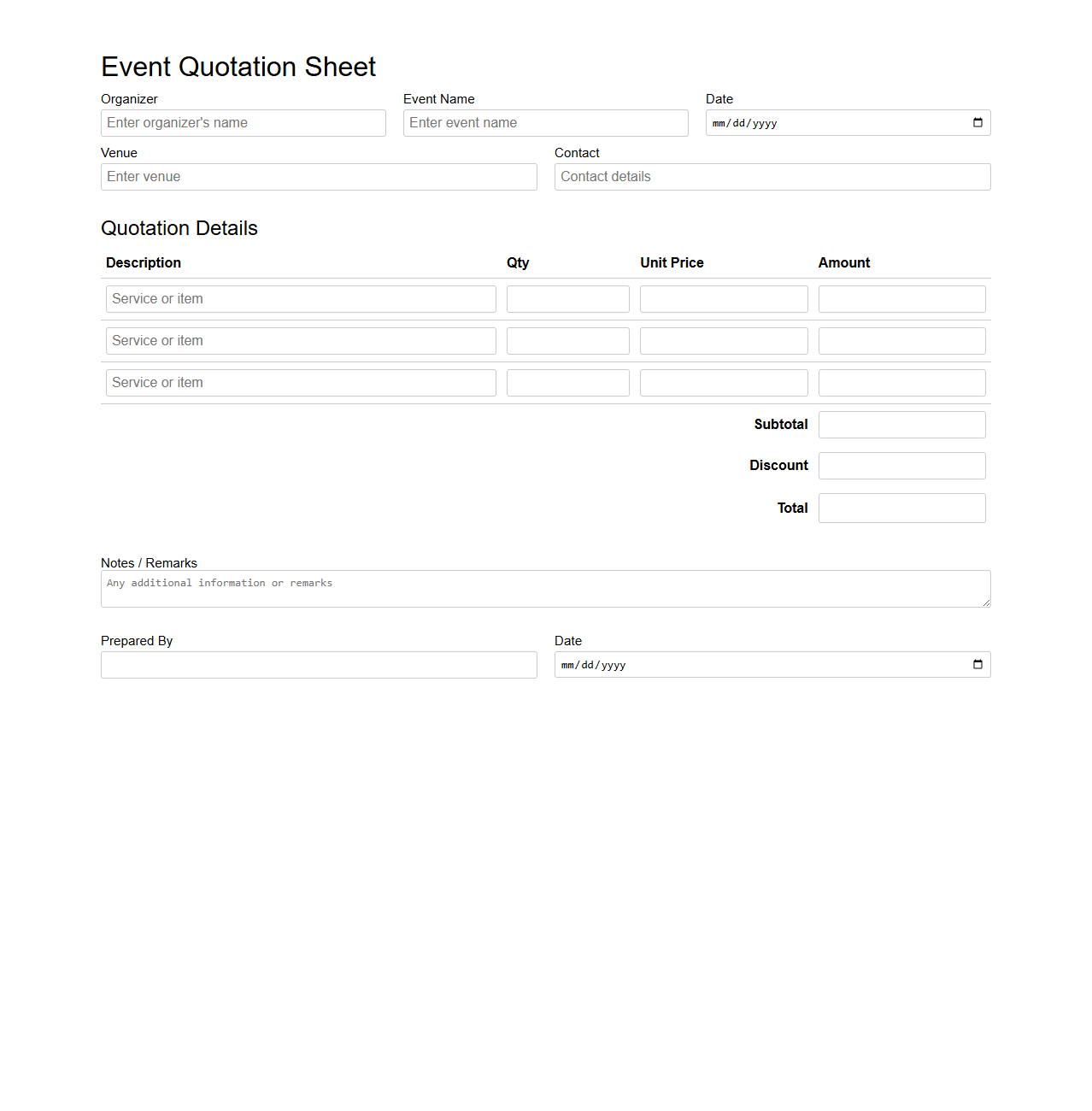 Simple Event Quotation Sheet for Organizers