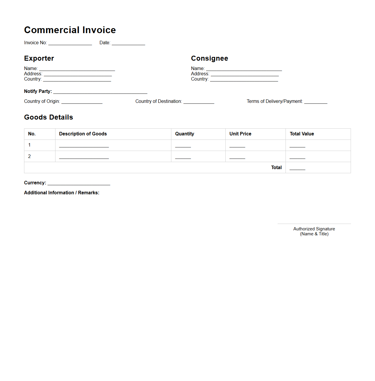 Simple Export Commercial Invoice Format