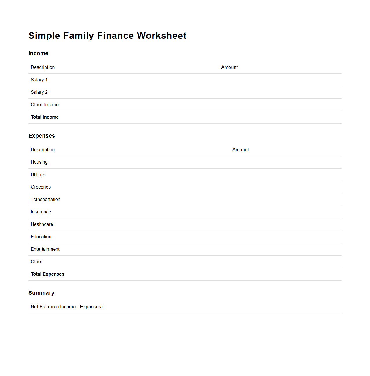 Simple Family Finance Worksheet