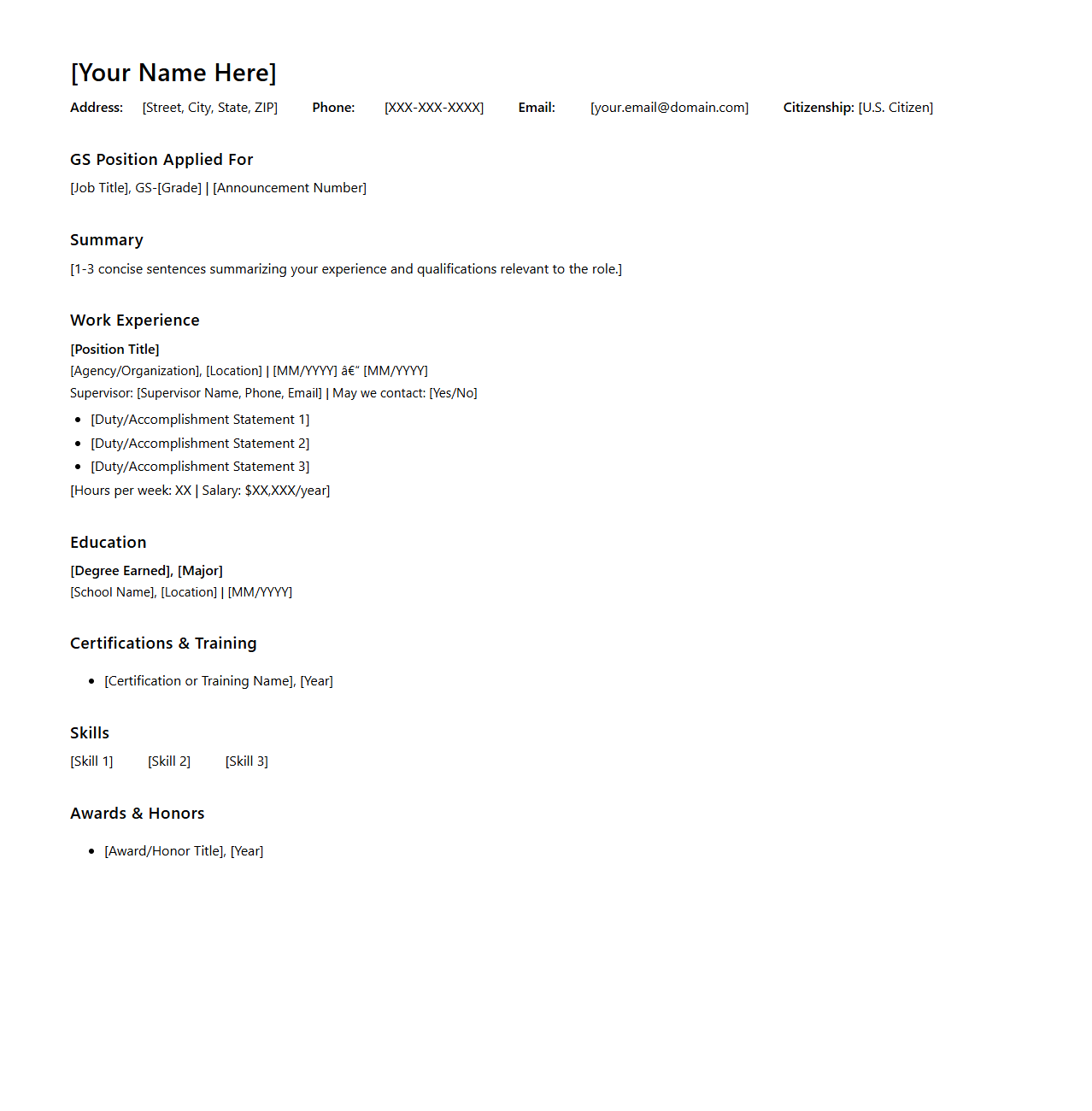 Simple Federal Resume Framework for GS Roles