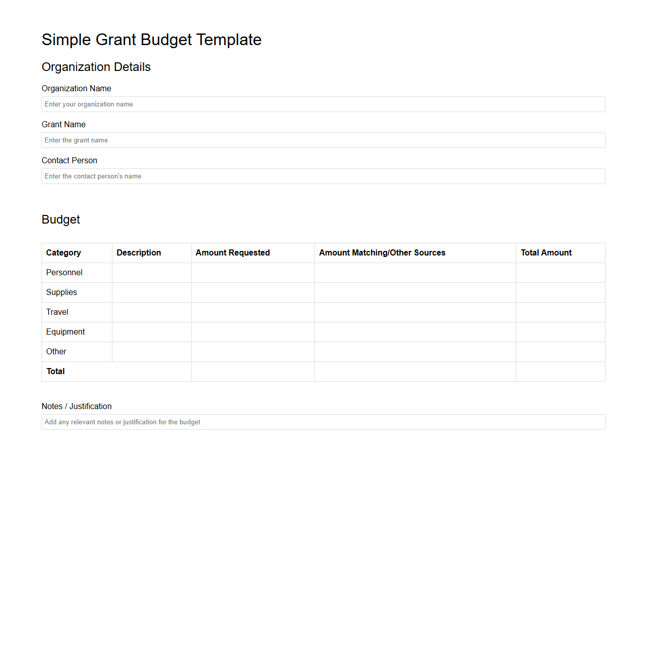 Simple Grant Budget Template for Nonprofits