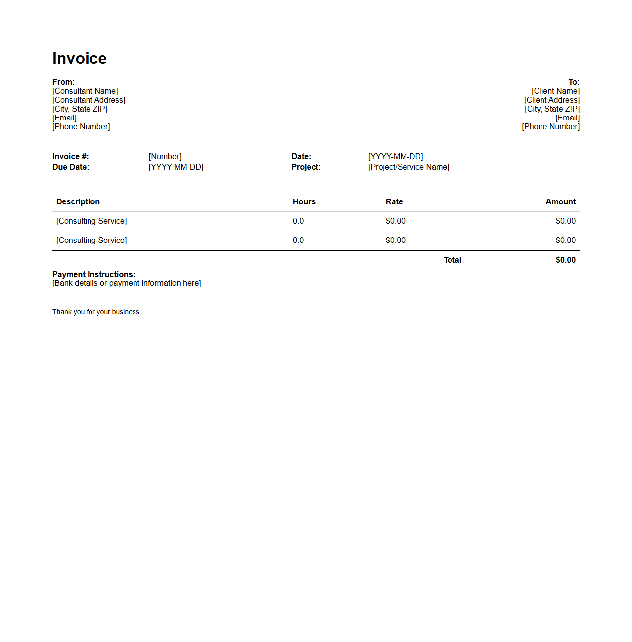 Simple Hourly Invoice Format for Consulting Services