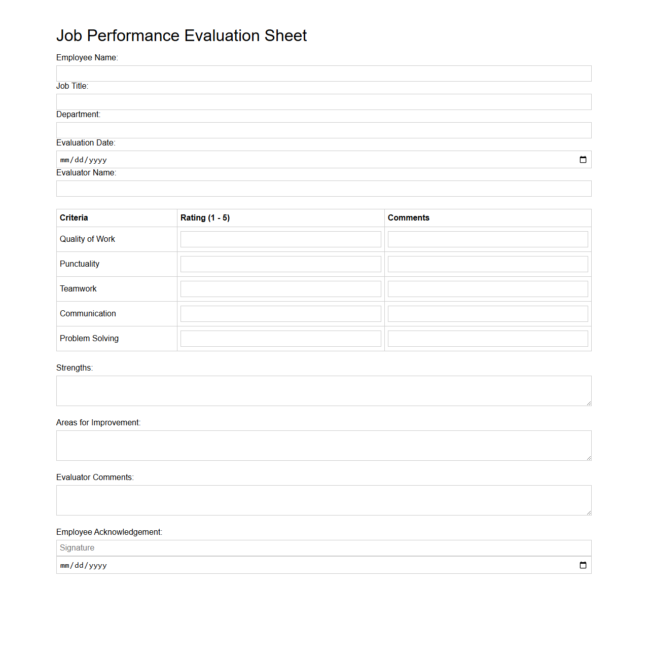 Simple Job Performance Evaluation Sheet