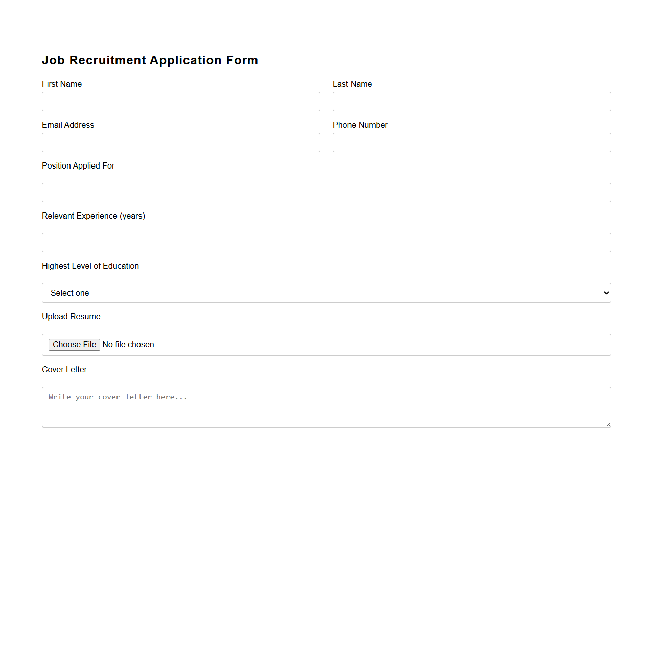 Simple Job Recruitment Application Form Template