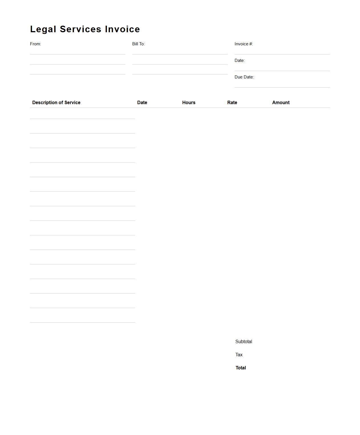 Simple Legal Services Invoice Blank Template