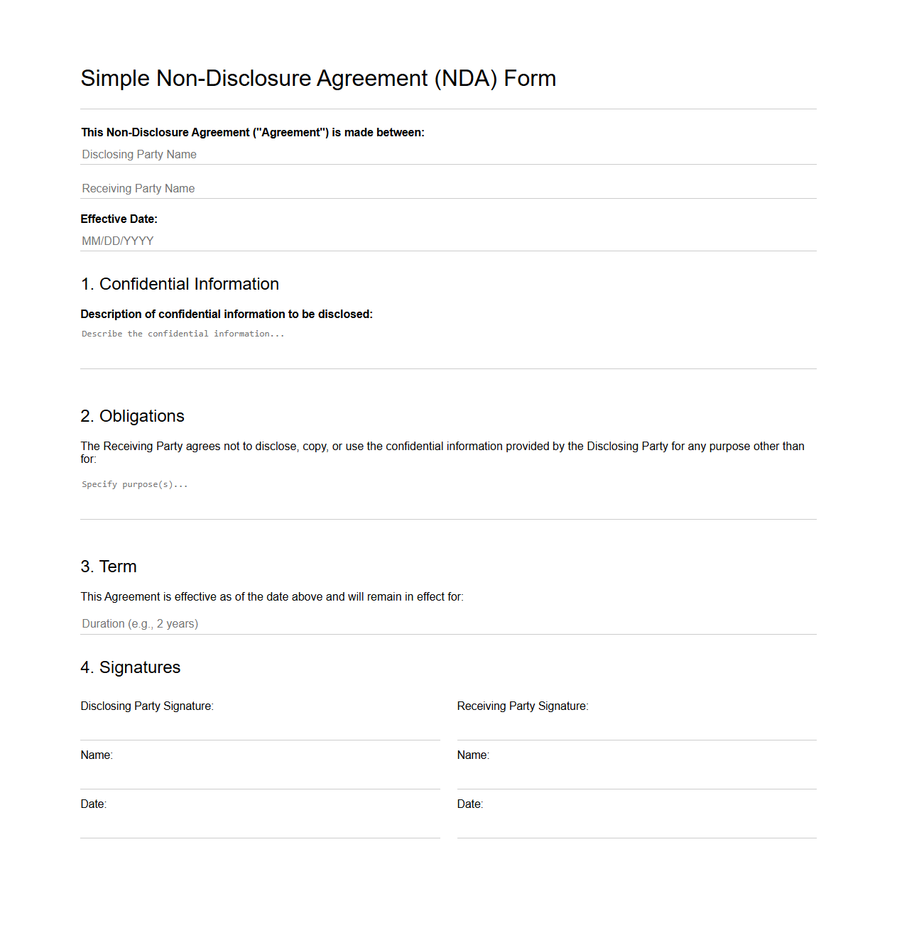 Simple Non-Disclosure Agreement Form