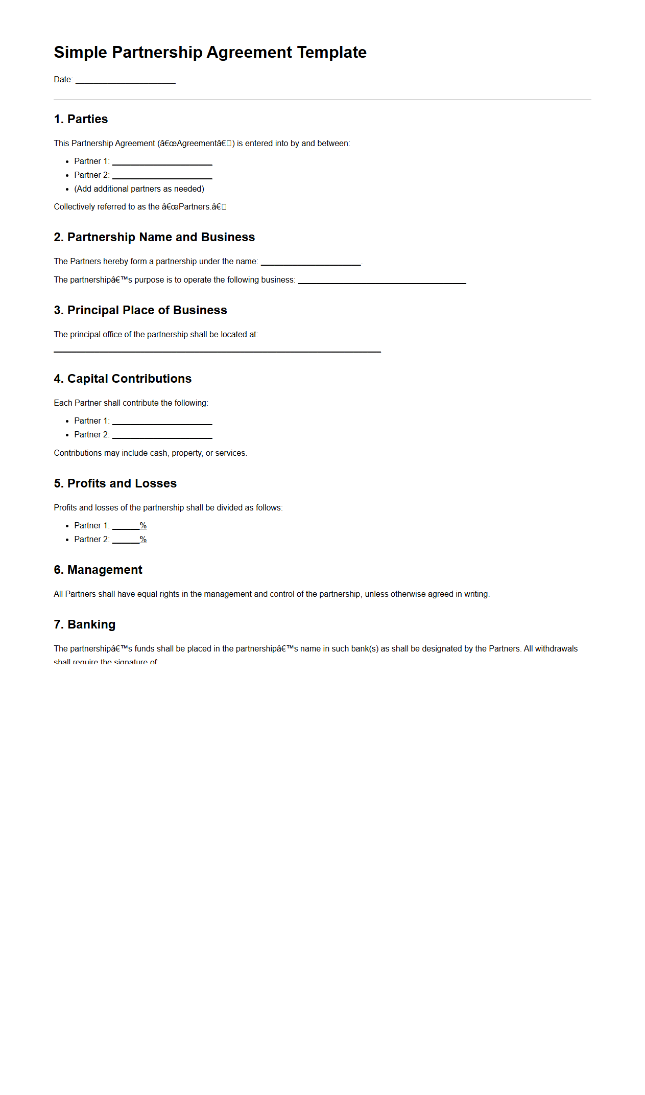 Simple Partnership Agreement Template for Business Ventures