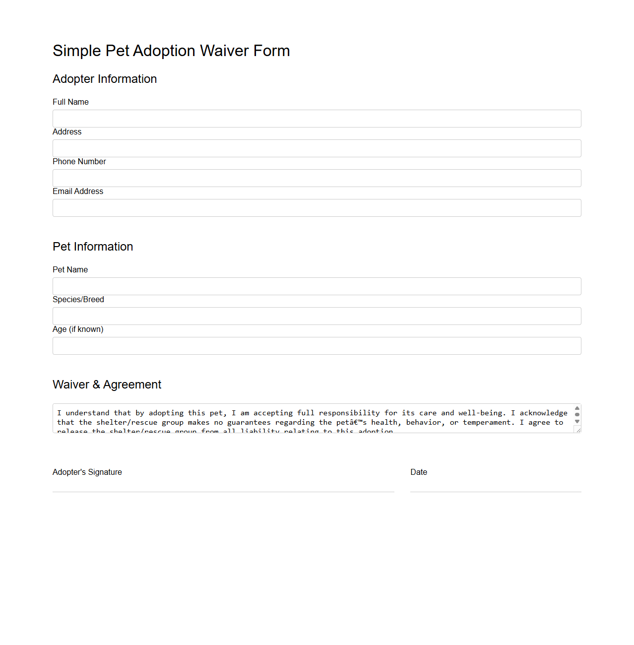 Simple Pet Adoption Waiver Form