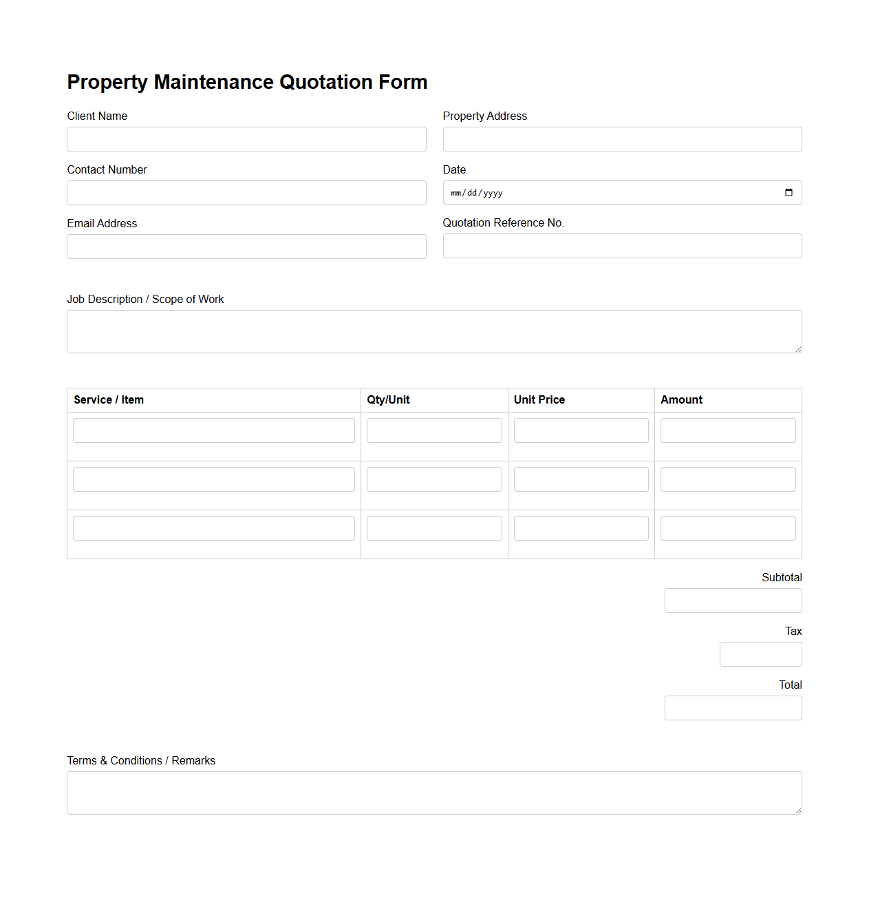Simple Property Maintenance Quotation Form