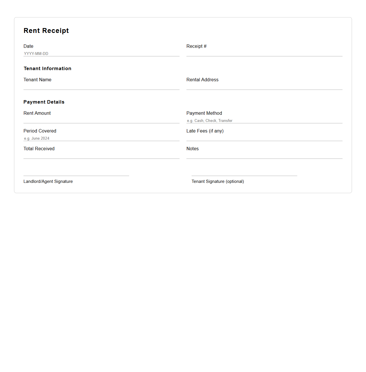 Simple Rent Receipt Template for Landlords
