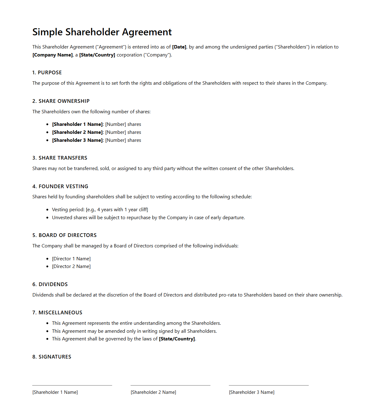 Simple Shareholder Agreement Draft for Startups