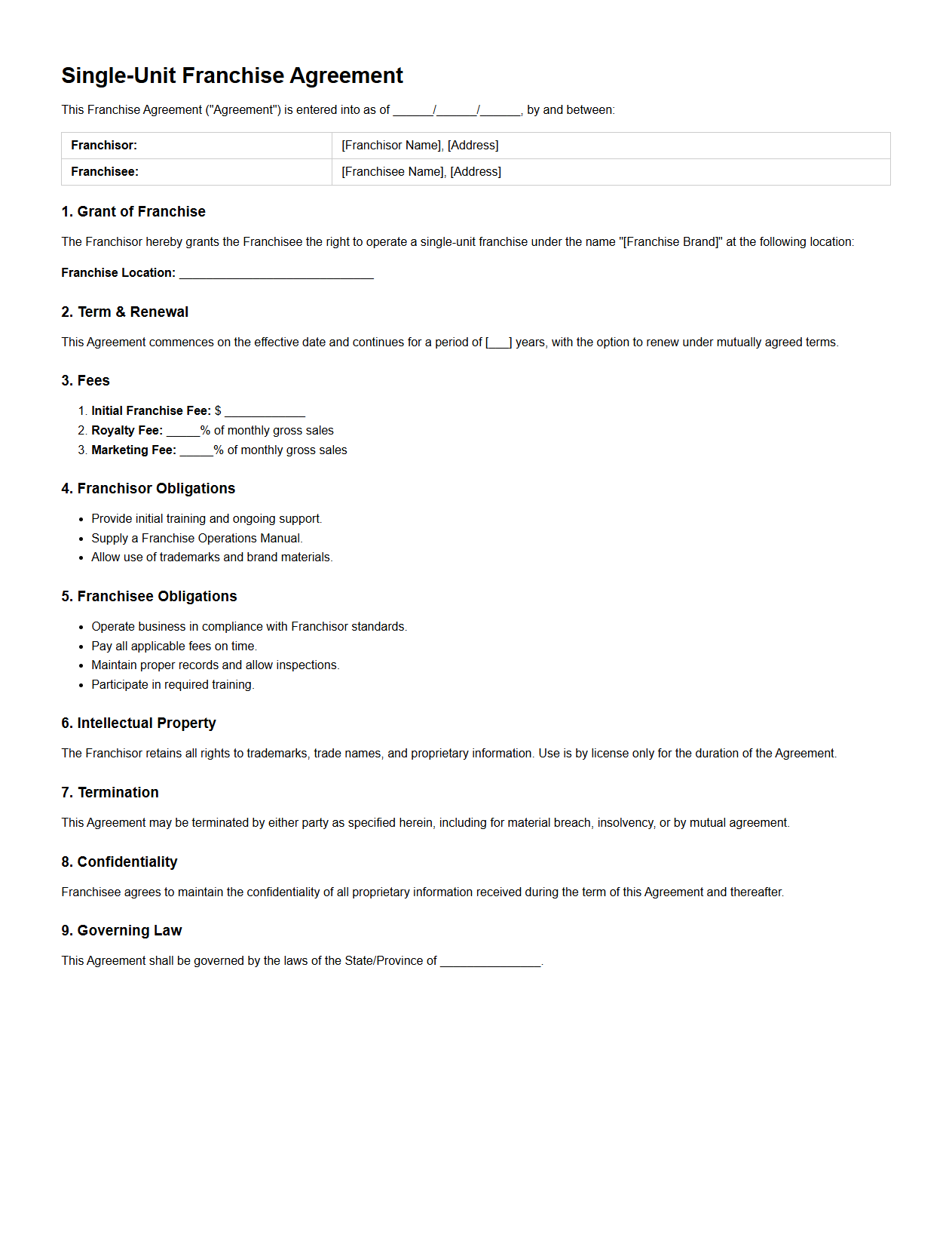 Simple Single-Unit Franchise Agreement Template Format