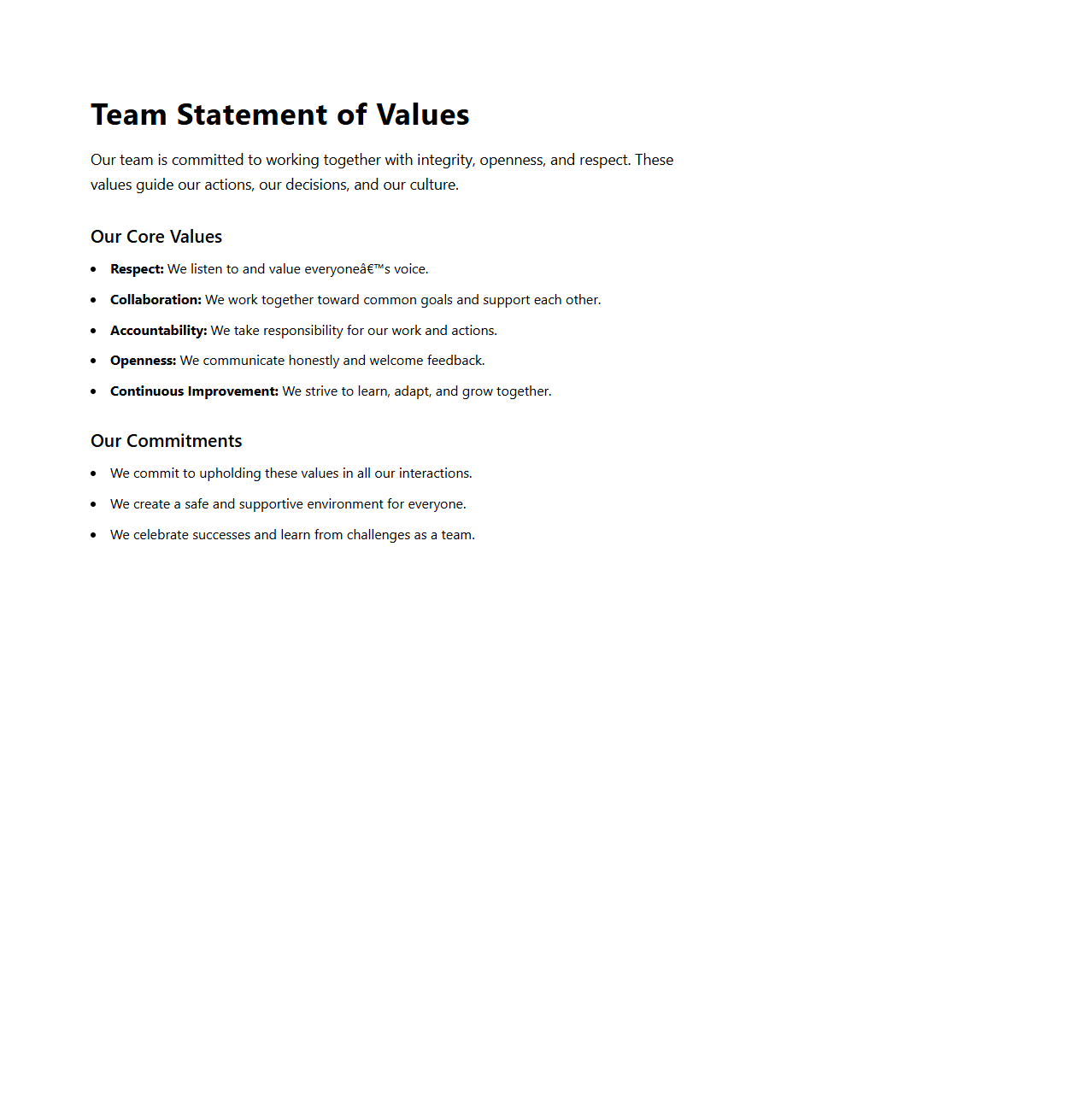 Simple Statement of Values for Teams