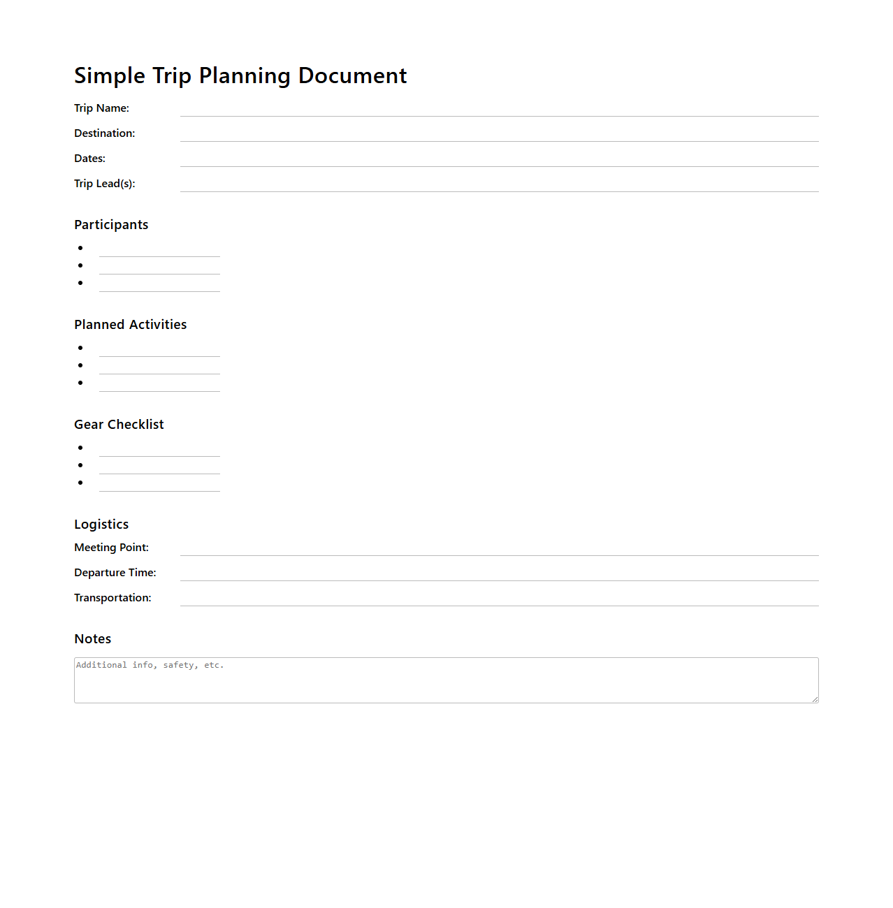 Simple Trip Planning Document for Adventure Coordination