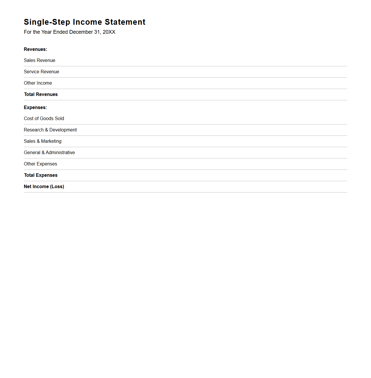 Single-Step Income Statement Outline for Startups