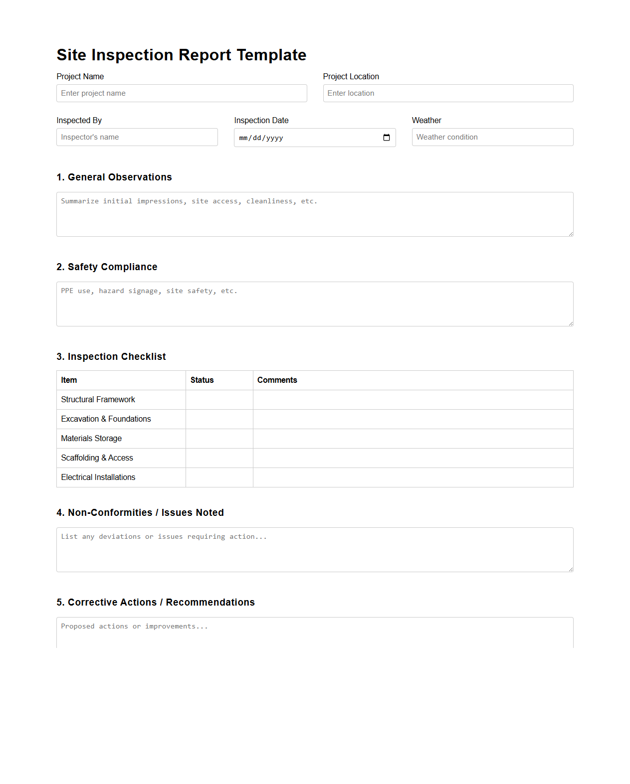 Site Inspection Report Template for Construction Projects