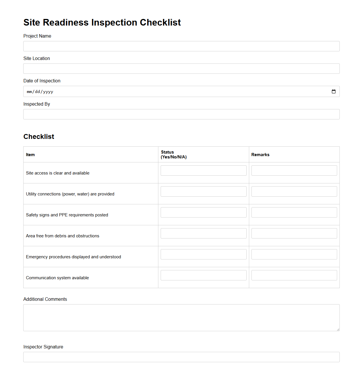 Site Readiness Inspection Checklist Template