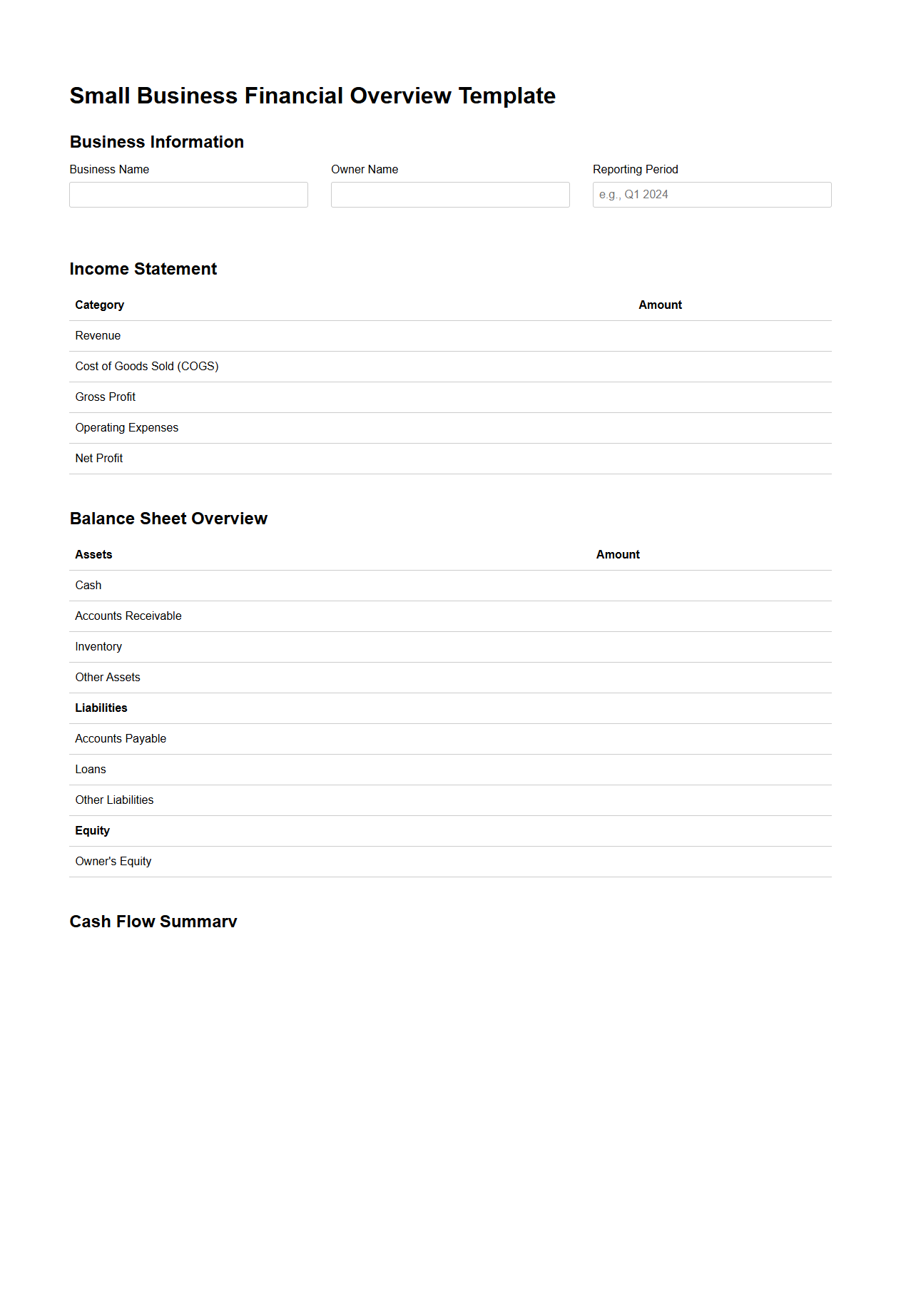 Small Business Financial Overview Template