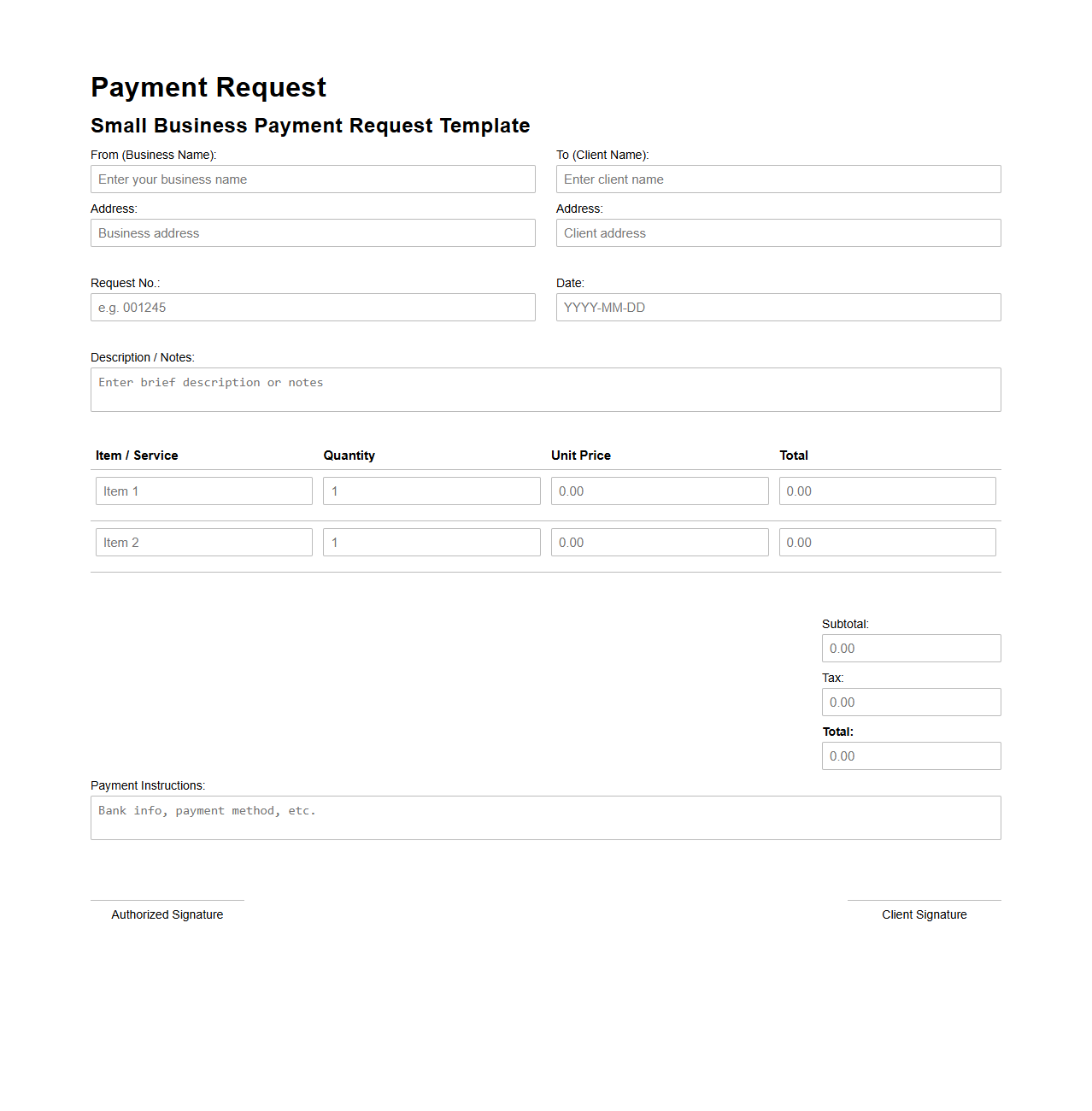 Small Business Payment Request Template