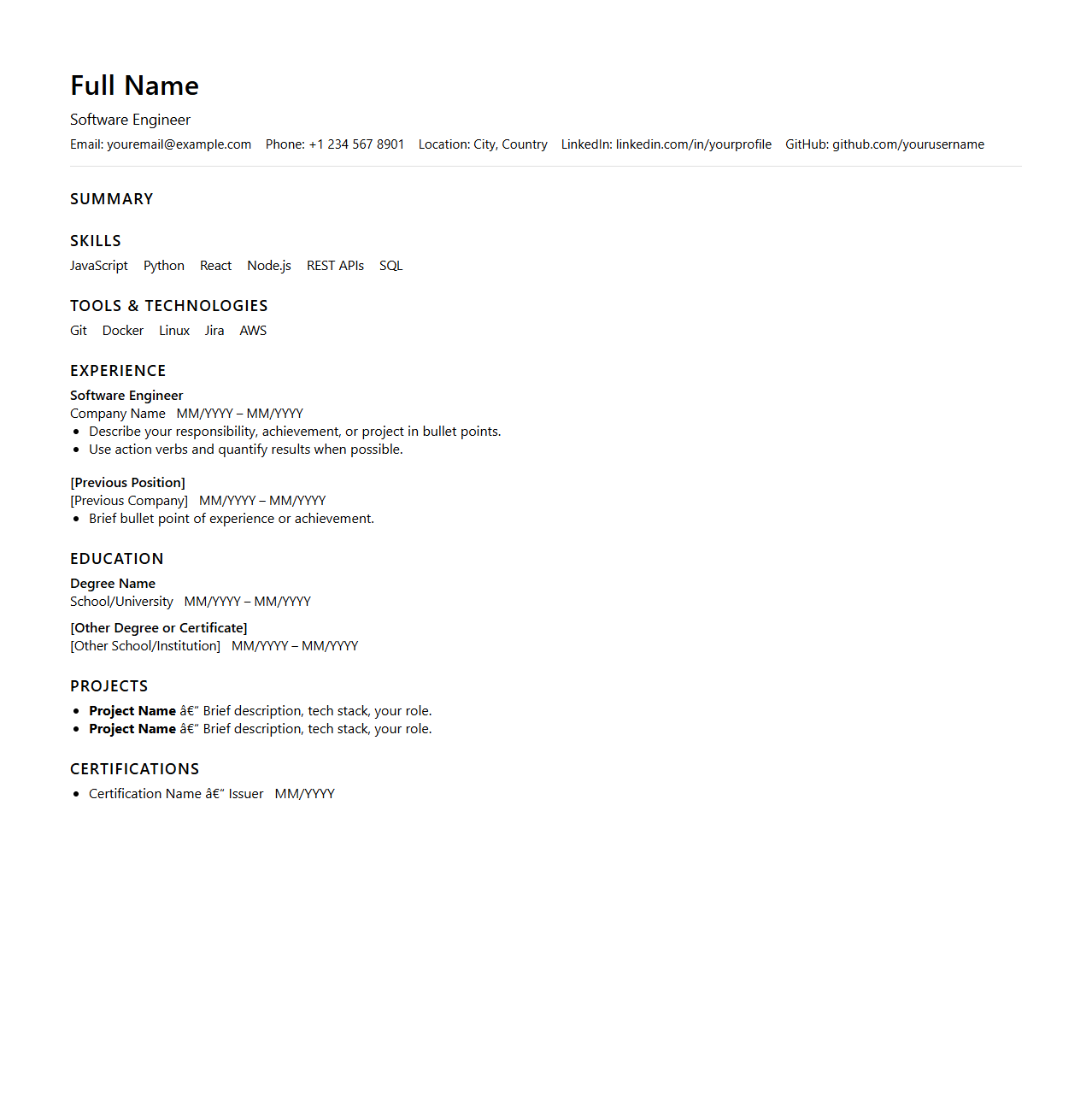 Software Engineer Resume Framework