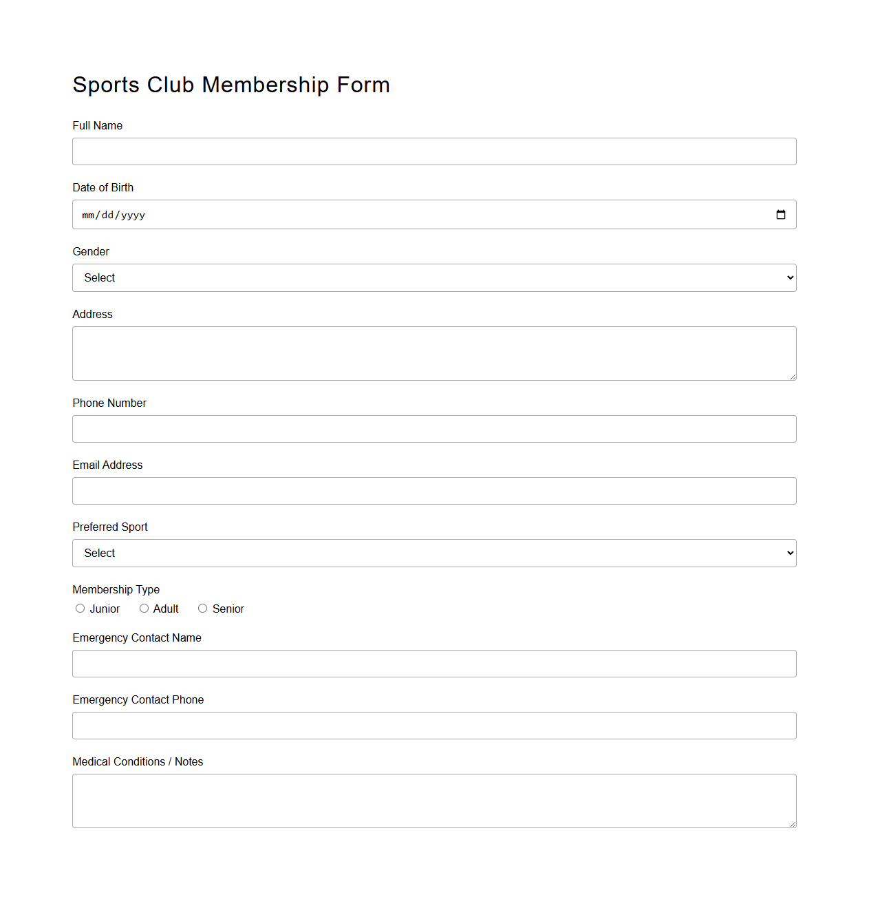 Sports Club Membership Form Template