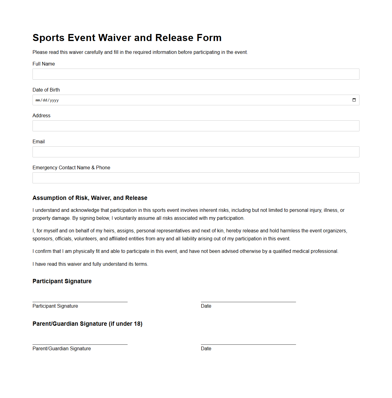 Sports Event Waiver and Release Form