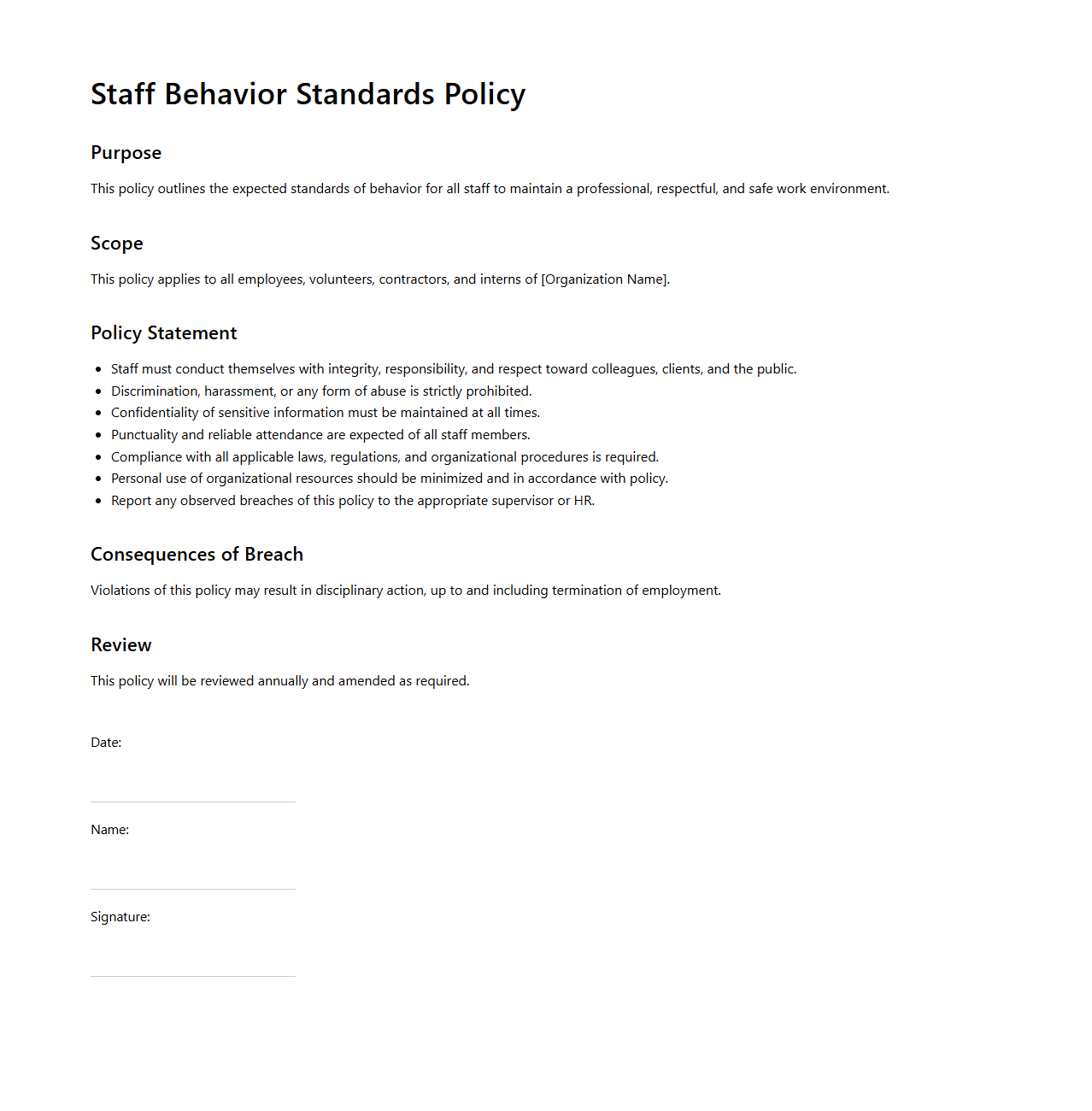 Staff Behavior Standards Policy Template