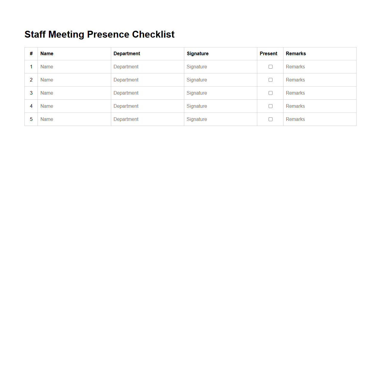 Staff Meeting Presence Checklist Template