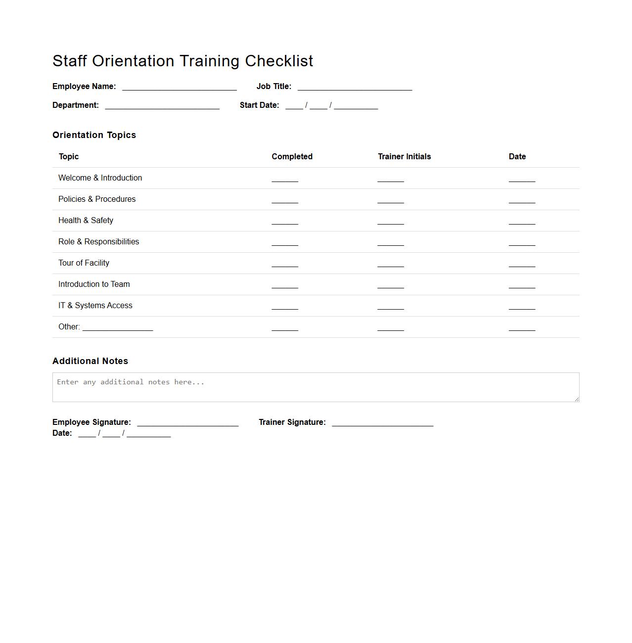 Staff Orientation Training Checklist Template