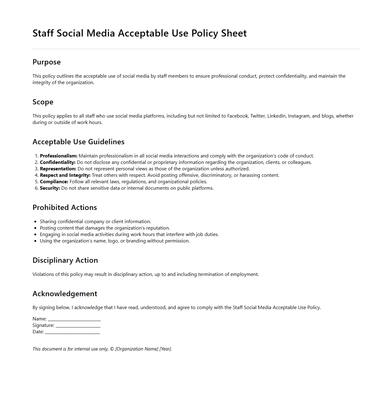 Staff Social Media Acceptable Use Policy Sheet