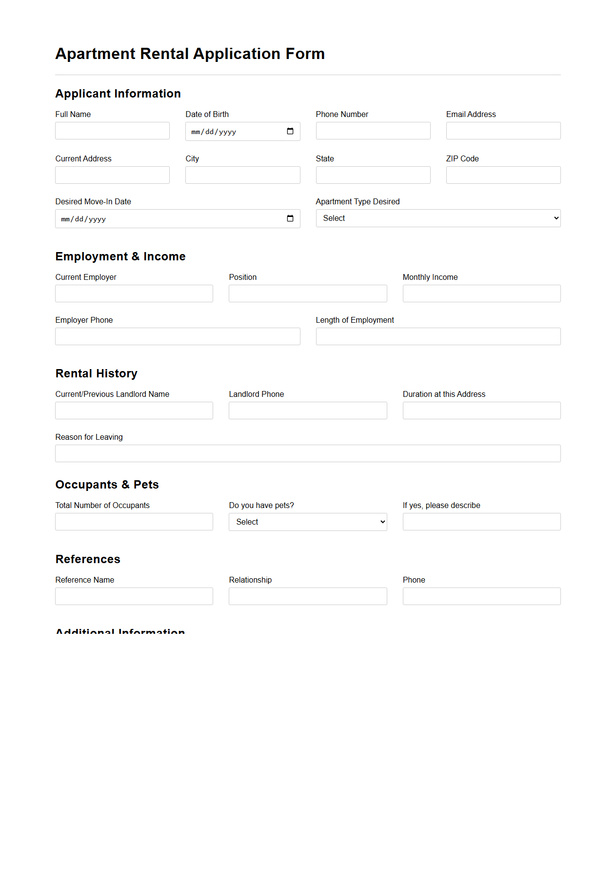 Standard Apartment Rental Application Form Template