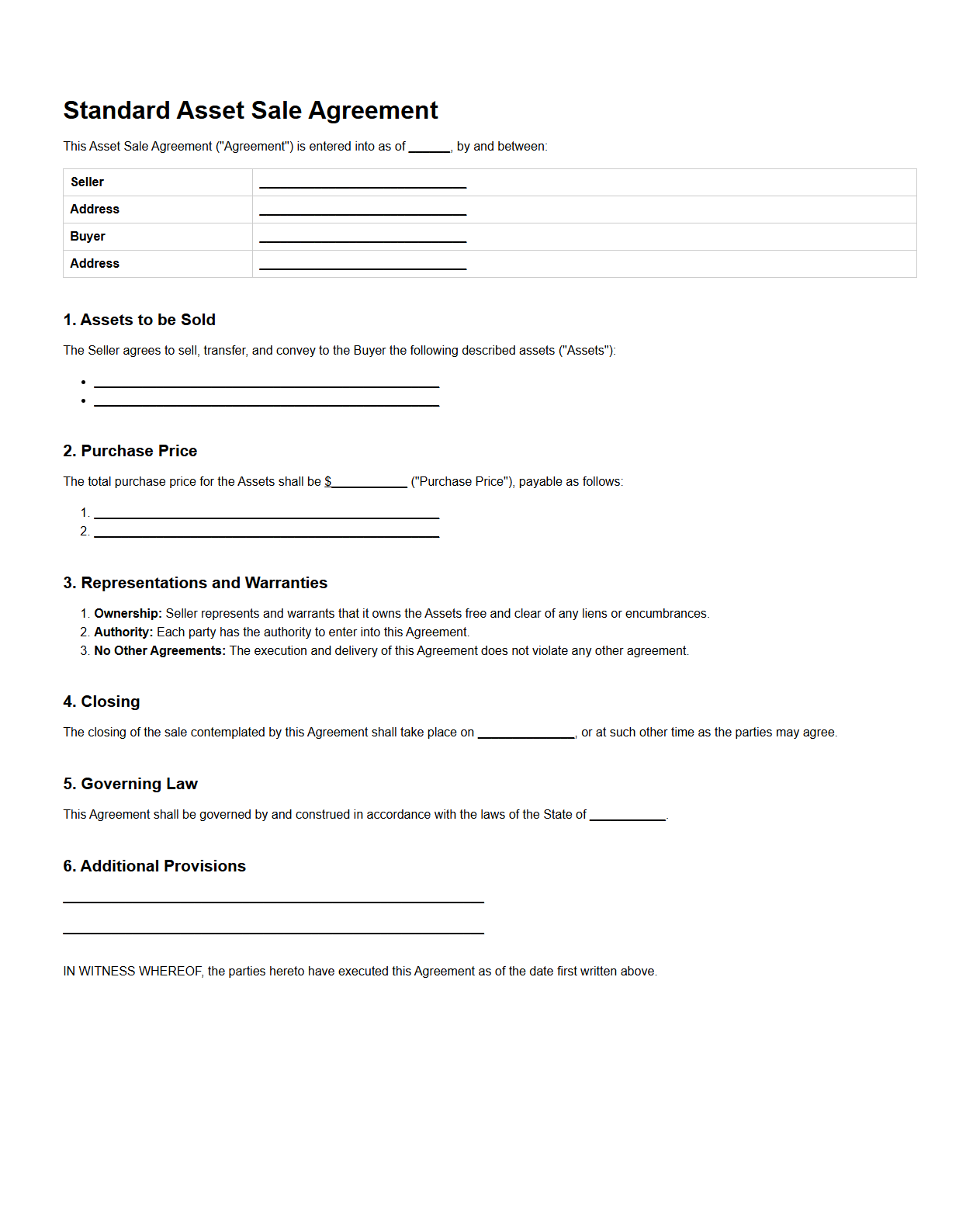Standard Asset Sale Agreement Template