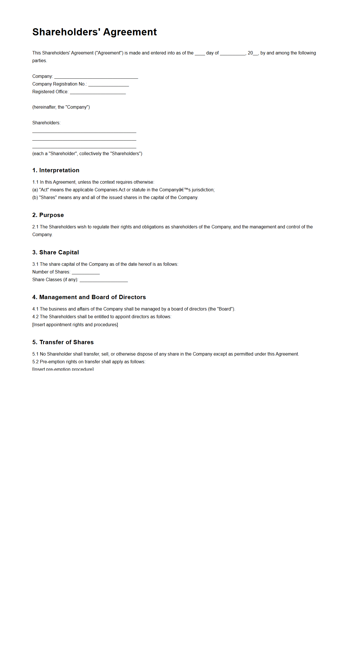 Standard Blank Company Shareholders Agreement