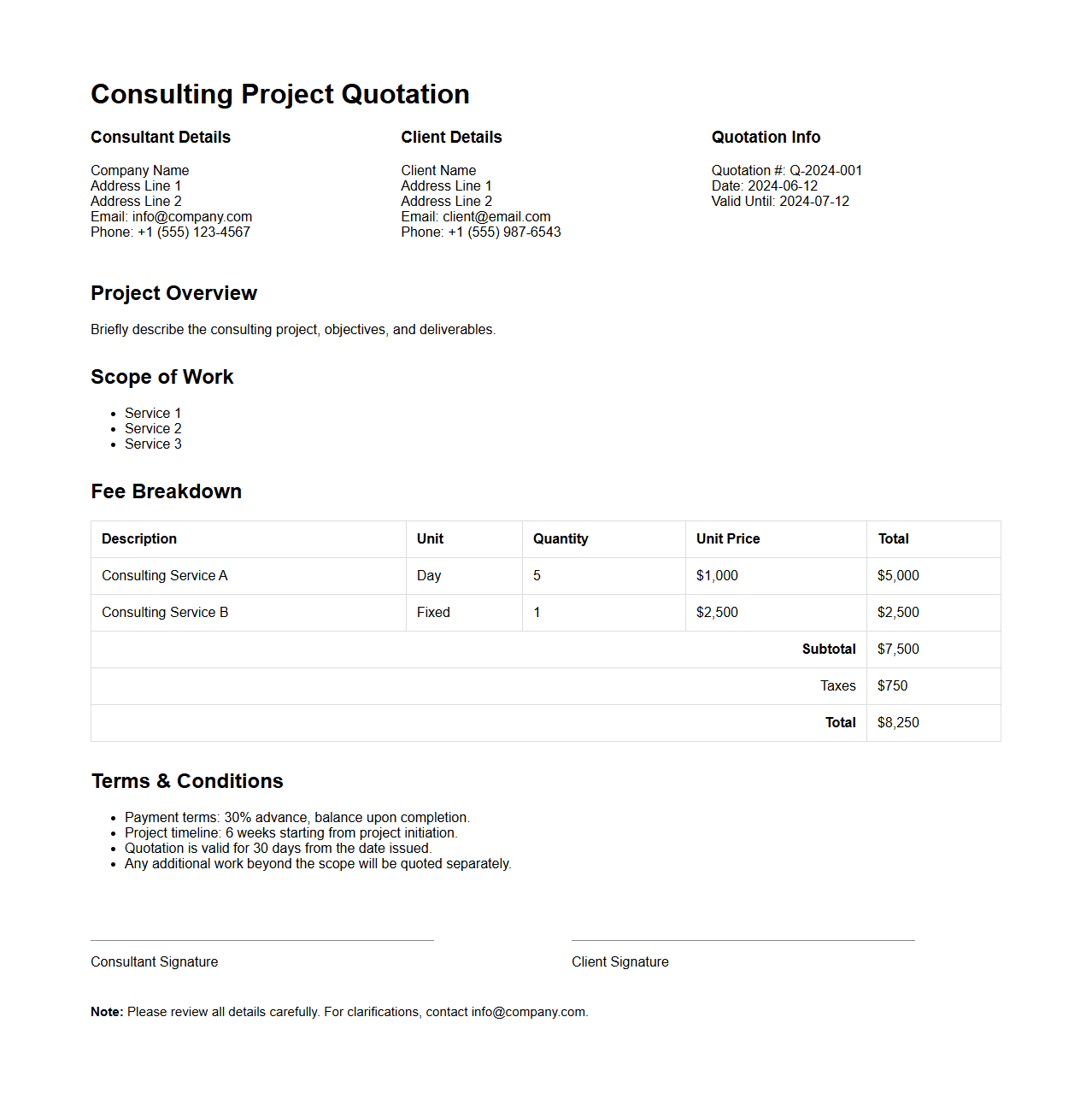Standard Consulting Project Quotation Layout