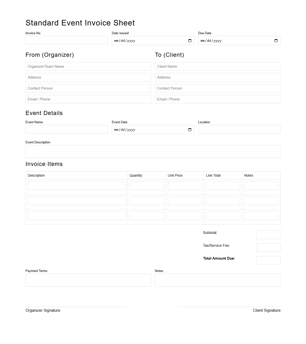 Standard Event Invoice Sheet for Organizing Teams