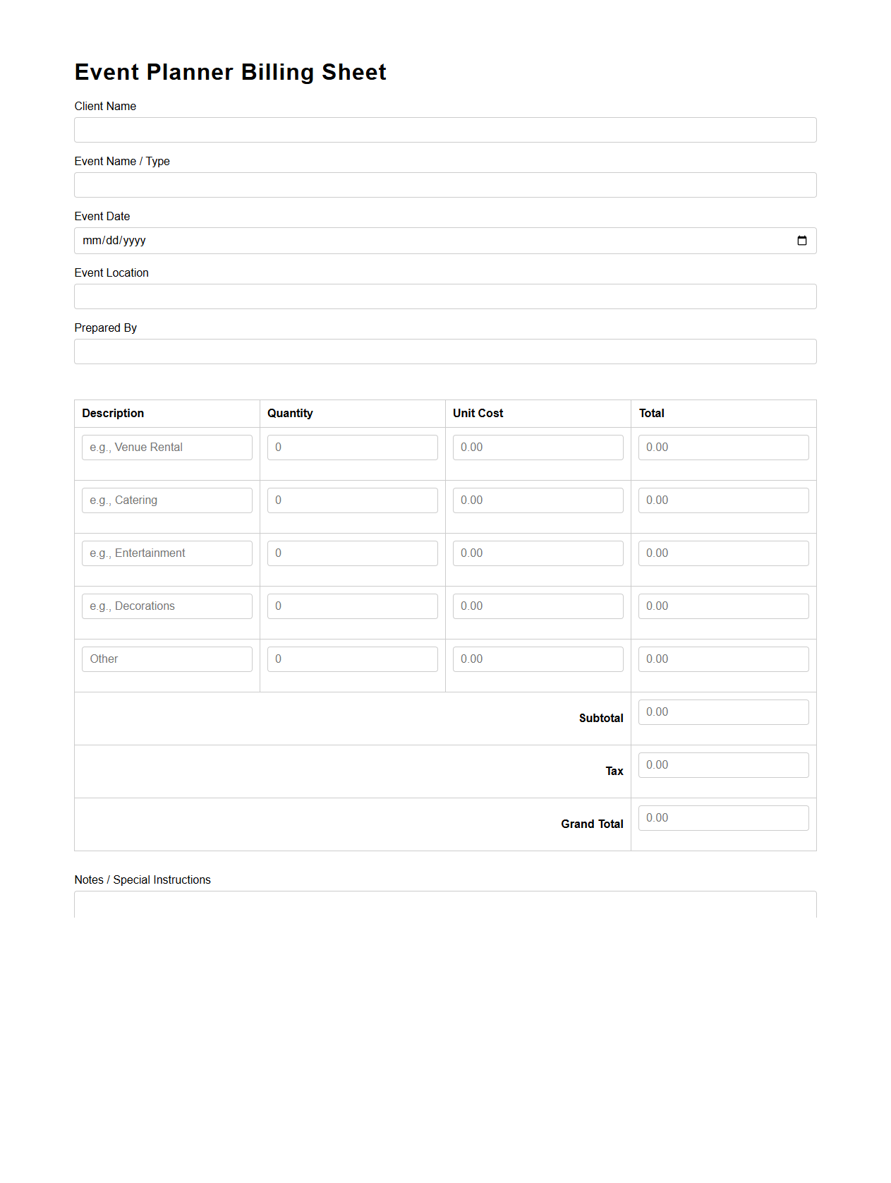 Standard Event Planner Billing Sheet